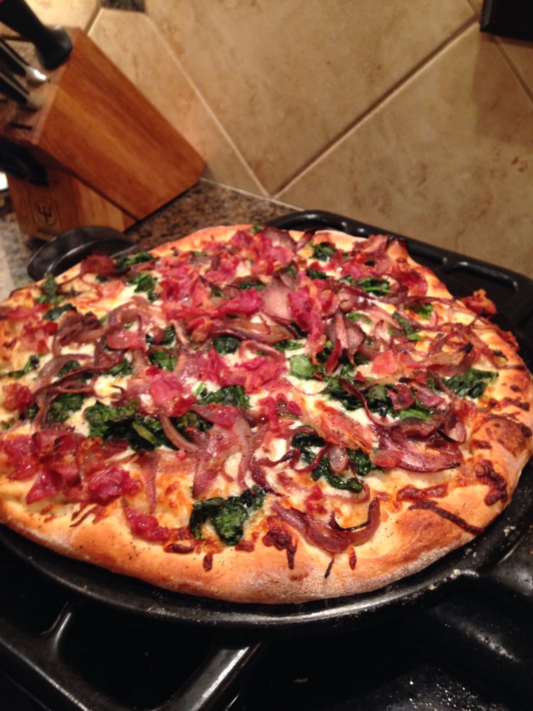 Spinach, carmelized onion and bacon pizza